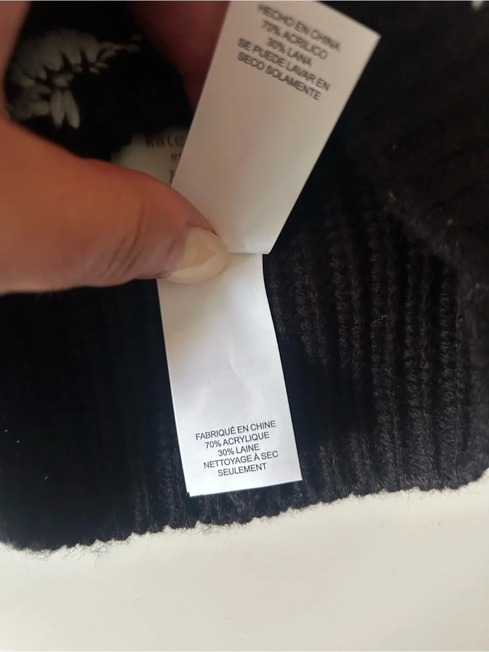 kate spade Black wool blend Knit Beanie with White Eyelash Motif